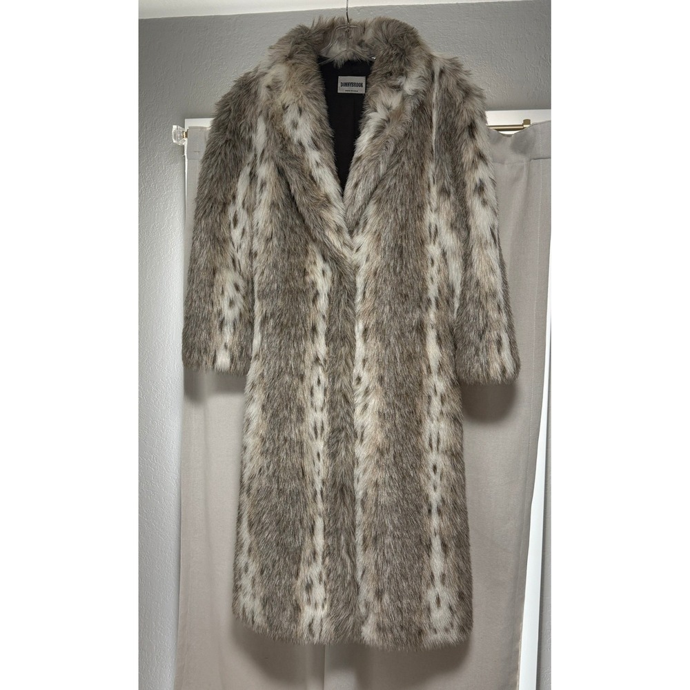 Donnybrook Vintage Faux Fur Coat Spotted Animal Print Longline Brown Cream USA